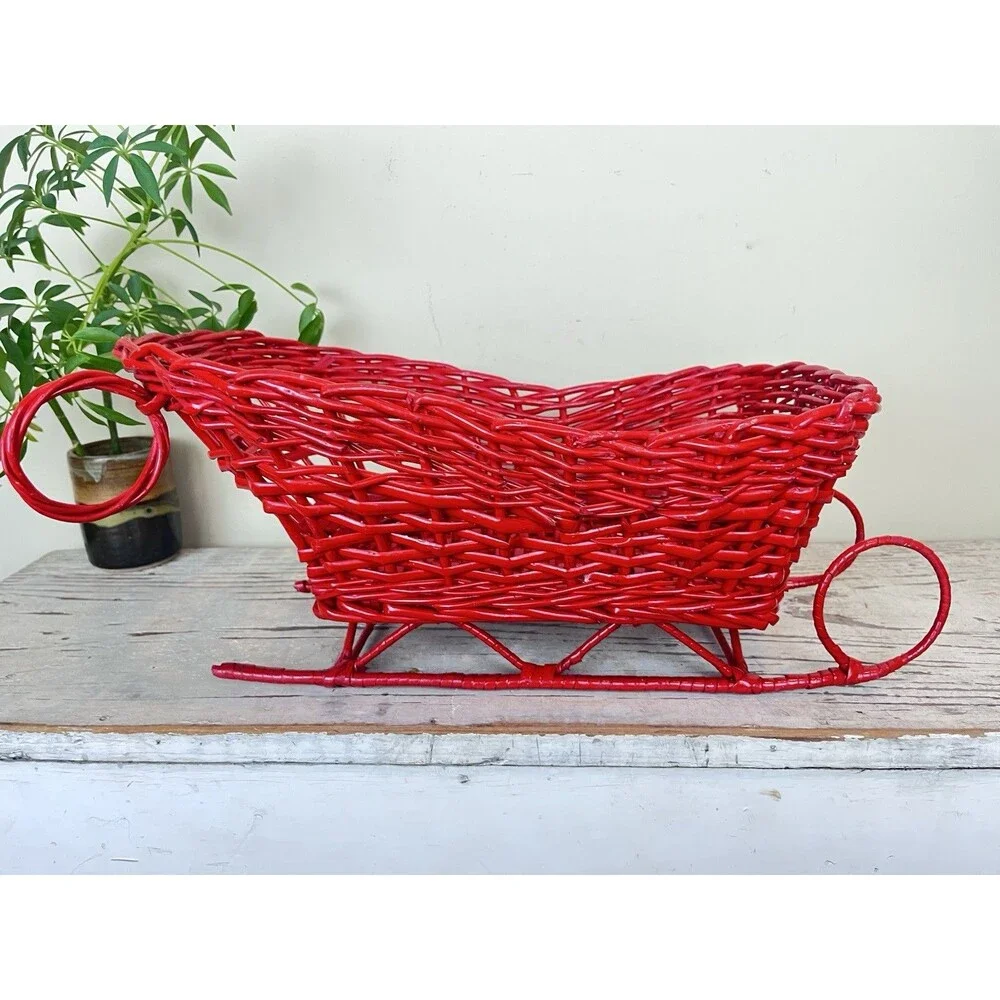 Vintage Rare Large Christmas Red Wicker Santa’s Sled Flower/Gifts Basket 18”